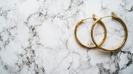 This image showcases elegant gold hoop earrings resting on a marble background, perfect for fashion and jewelry-related projects. Ideal for showcasing accessories.の素材