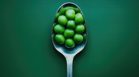 A stunning close-up of fresh green peas arranged on a silver spoon against a deep green background, perfect for culinary and nutrition-related themes.の素材