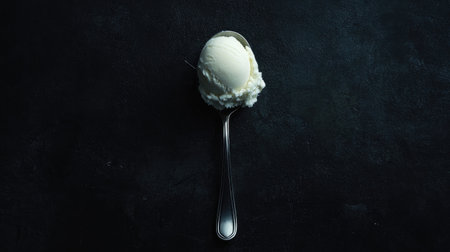 A delectable scoop of creamy vanilla ice cream resting in a shiny silver spoon against a dark surface. Perfect for dessert lovers and food photography.の素材