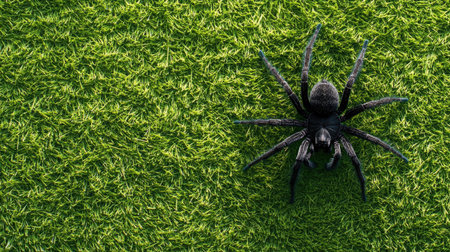 A close-up view of a black spider on a vibrant green grass surface. The image captures the intricate details of the spiderの素材