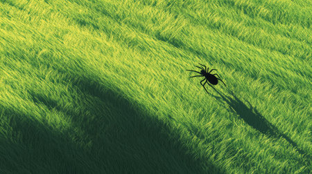 A solitary spider casts a long shadow over lush green grass, capturing the essence of nature's beauty and the intricate details of a vibrant ecosystem.の素材