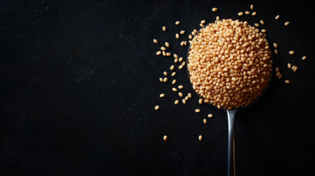 A close-up of mustard seeds in a spoon against a dark background, perfect for food blogs, culinary projects, and recipe illustrations.の素材
