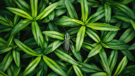 A stunning close-up of a green grasshopper resting on vibrant green leaves, showcasing the beauty of nature and the intricate details of wildlife in a lush environment.の素材