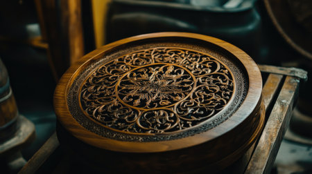 An exquisite wooden tabletop featuring intricate floral carvings. This detailed craftsmanship highlights the beauty of natural wood and artistic design.の素材