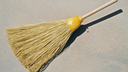 A traditional broom featuring a yellow handle and natural bristles, ideal for cleaning surfaces in homes, showcasing usefulness and simplicity in design.の素材