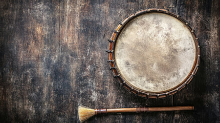 A rustic drum placed on a wooden surface, accompanied by a brush. Perfect for music themes, cultural symbolism, and artistic expressions.の素材