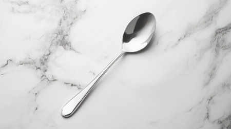 A sleek silver spoon rests on a classic marble surface, showcasing elegance and simplicity. Perfect for culinary and dining-themed imagery.の素材