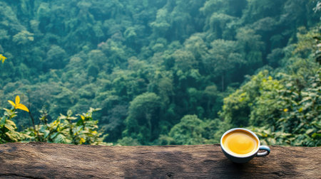 Enjoy a peaceful coffee moment in a lush forest setting, surrounded by vibrant greenery and tranquility. Perfect for showcasing nature and relaxation.の素材