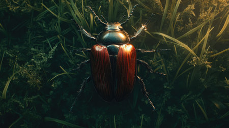A stunning macro shot of a vibrant beetle resting on lush grass. The intricate details and colors highlight the beauty of nature's tiny creatures.の素材