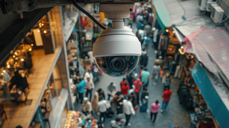 A surveillance camera captures a vibrant market scene filled with people shopping and interacting. The overhead view showcases urban life in action.の素材