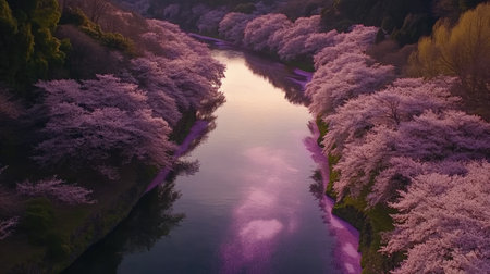 This stunning aerial view of a river lined with cherry blossoms captures the essence of spring, showcasing vibrant pink trees reflecting in calm water at dusk.の素材