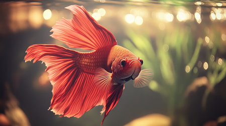 A striking red fish glides gracefully through clear water, showcasing its vivid colors and flowing fins. Perfectly captures the essence of aquatic beauty.の素材