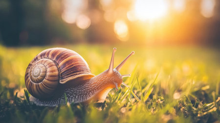 A stunning close-up of a snail crawling leisurely on grass during a beautiful sunset. This serene image captures the essence of nature's tranquility and beauty.の素材