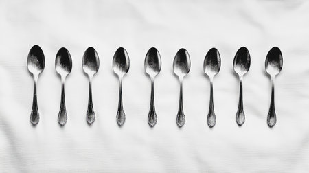 A neat arrangement of silver spoons on a white background showcases simple elegance and modern design, ideal for culinary or kitchen-related themes.の素材
