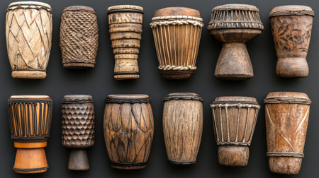 A vibrant collection of assorted wooden drums showcasing various textures and patterns. Perfect for representing cultural artistry and musical heritage.の素材