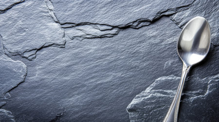 A polished silver spoon rests on a dark slate background, creating a stunning contrast. Ideal for culinary, dining, and kitchen-themed projects.の素材