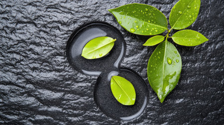 Bright green leaves rest on a polished black stone surface, adorned with glistening water droplets. This image conveys tranquility and natural beauty.の素材