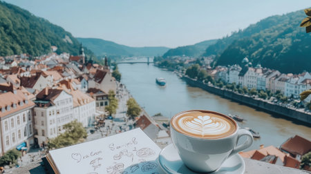 Enjoy a peaceful coffee moment with a stunning river view, featuring a notebook of sketches and picturesque cityscape in the background.の素材