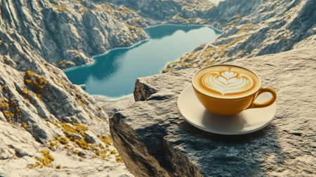 A cozy cup of latte art sits on a rocky ledge overlooking a stunning mountain lake, blending the joy of coffee with breathtaking nature scenery.の素材