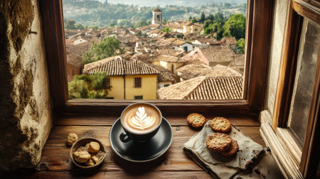 A cozy coffee scene featuring a latte art, cookies, and a scenic view from a wooden window, capturing warmth and comfort in a rustic setting.の素材