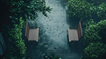 Two tranquil benches sit empty in a lush green park, surrounded by leaves and foliage. This serene outdoor scene invites relaxation and reflection.の素材