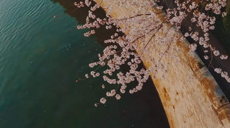 Aerial view of delicate cherry blossoms over a serene water body, reflecting the beautiful pink petals. Perfect for spring-themed visuals and nature photography.の素材