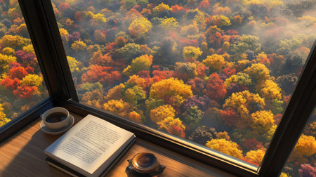 A serene and cozy reading nook with a view of vibrant autumn foliage through a large window, perfect for relaxation and inspiration. Enjoy a cup of coffee and a good book in this tranquil setting.の素材