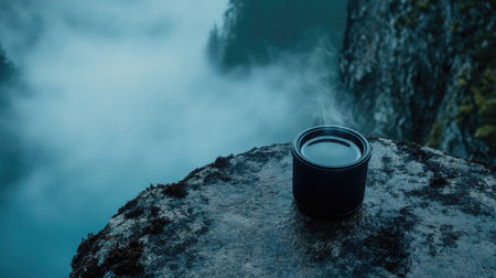 A steaming mug rests on a rocky ledge, surrounded by mist and mountains. This serene scene captures the essence of tranquility in nature.の素材