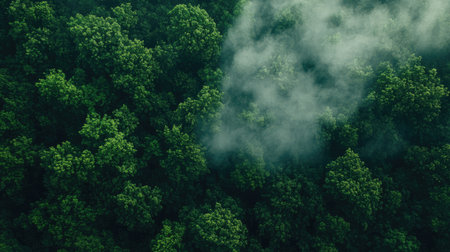 Aerial view of a vibrant green forest shrouded in mist, capturing the essence of wilderness and tranquility in nature. Perfect for environmental themes.の素材