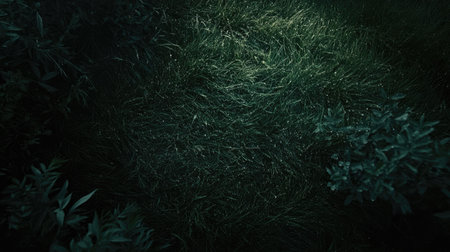 This image showcases lush green grass adorned with dew drops, illuminated softly by natural light. It creates a fresh and tranquil outdoor atmosphere.の素材