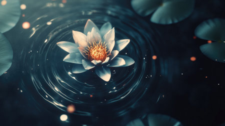 A stunning close-up of a lotus flower floating gently on a calm water surface, surrounded by soft ripples and lily pads, evoking tranquility and beauty.の素材