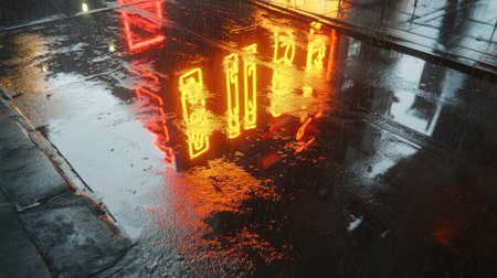 A stunning view of neon lights reflecting on a rain-soaked pavement, capturing the vibrant city atmosphere. The intricate textures and colors create a captivating urban scene.の素材
