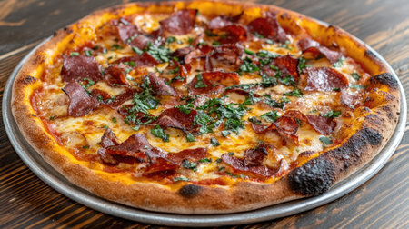 Enjoy the mouthwatering sight of a freshly baked pizza adorned with pepperoni and herbs, showcasing culinary excellence and inviting pizza lovers to indulge.の素材