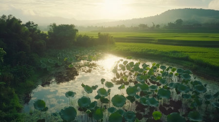 Captivating aerial view of a tranquil landscape featuring lotus leaves in still water, surrounded by lush green fields and distant hills during sunrise.の素材