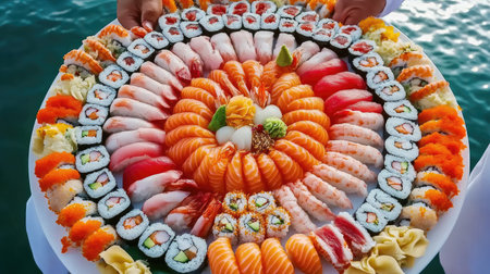 A stunning sushi platter featuring an array of vibrant rolls and sashimi. Perfect for culinary displays, gatherings, or special events, showcasing exquisite presentation and freshness.の素材