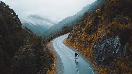 A cyclist navigates a winding mountain road enveloped in lush greenery and fog, capturing the essence of outdoor adventure and tranquility in nature's embrace.の素材