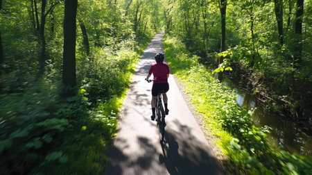 A cyclist enjoys a tranquil ride along a lush green path surrounded by trees, highlighting the joy of outdoor adventures and the beauty of nature during a bright day.の素材