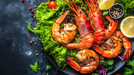 A vibrant grilled shrimp platter on a dark background, featuring fresh greens, cherry tomatoes, and lemon slices, ideal for showcasing culinary creativity and freshness.の素材