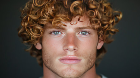 A captivating close-up portrait of a young man with curly hair and striking blue eyes, showcasing his natural beauty and personality against a dark background.の素材
