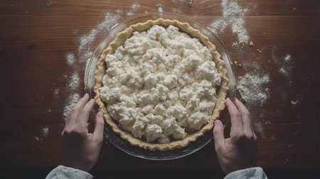 A close-up view of a freshly made whipped cream pie on a wooden table, showcasing the beauty of homemade desserts and the joy of baking in a warm kitchen environment.の素材