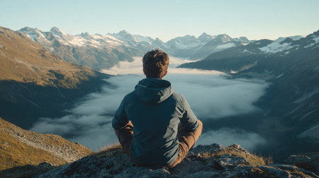 A solitary individual sits on a rocky ledge, contemplating the stunning landscape of mountains and a misty valley below during sunrise, capturing the essence of adventure and tranquility in nature.の素材