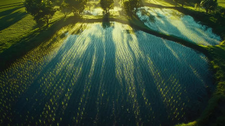 Stunning aerial view of rice fields reflecting sunlight during sunrise, capturing the beauty and tranquility of nature in an expansive rural landscape.の素材
