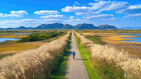 A person runs along a scenic pathway surrounded by lush reeds and tranquil water, under a clear blue sky with mountains in the distance, perfect for outdoor exploration.の素材