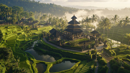 Experience the breathtaking beauty of Bali as the sun rises over lush rice terraces and a traditional temple, enveloped in mist and surrounded by palm trees.の素材