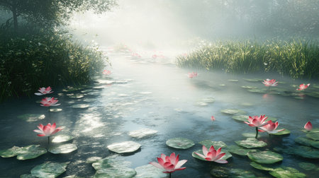 A serene morning landscape featuring pink water lilies floating on a misty river, surrounded by lush greenery and soft light, creating a tranquil atmosphere.の素材