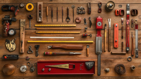 This image showcases an organized collection of vintage hand tools on a wooden surface, perfect for inspiring DIY enthusiasts or home improvement projects.の素材
