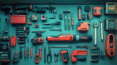 This photo showcases an organized assortment of red and black tools and equipment laid out on a workbench, perfect for any DIY project or professional maintenance task.の素材