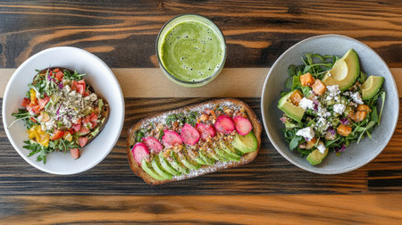 A vibrant arrangement of a healthy meal featuring avocado toast, fresh salads, and a green smoothie, perfect for nutritious dining and wholesome eating on a wooden table.の素材