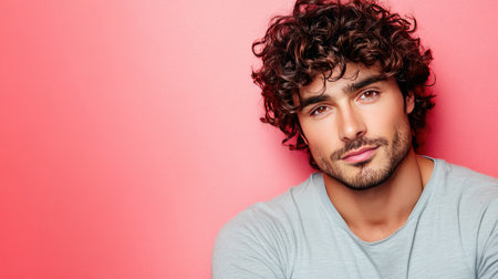 A striking portrait of a young man with curly hair and a confident expression against a soft pink backdrop, perfect for lifestyle, fashion, and beauty themes.の素材