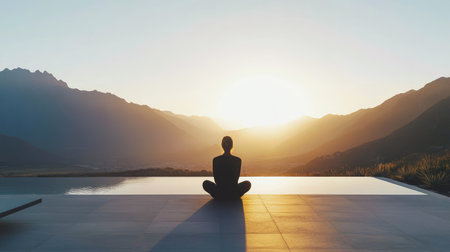 A silhouette of a person meditating by a tranquil infinity pool, surrounded by breathtaking mountains at sunrise, creating a serene atmosphere for reflection and inner peace.の素材